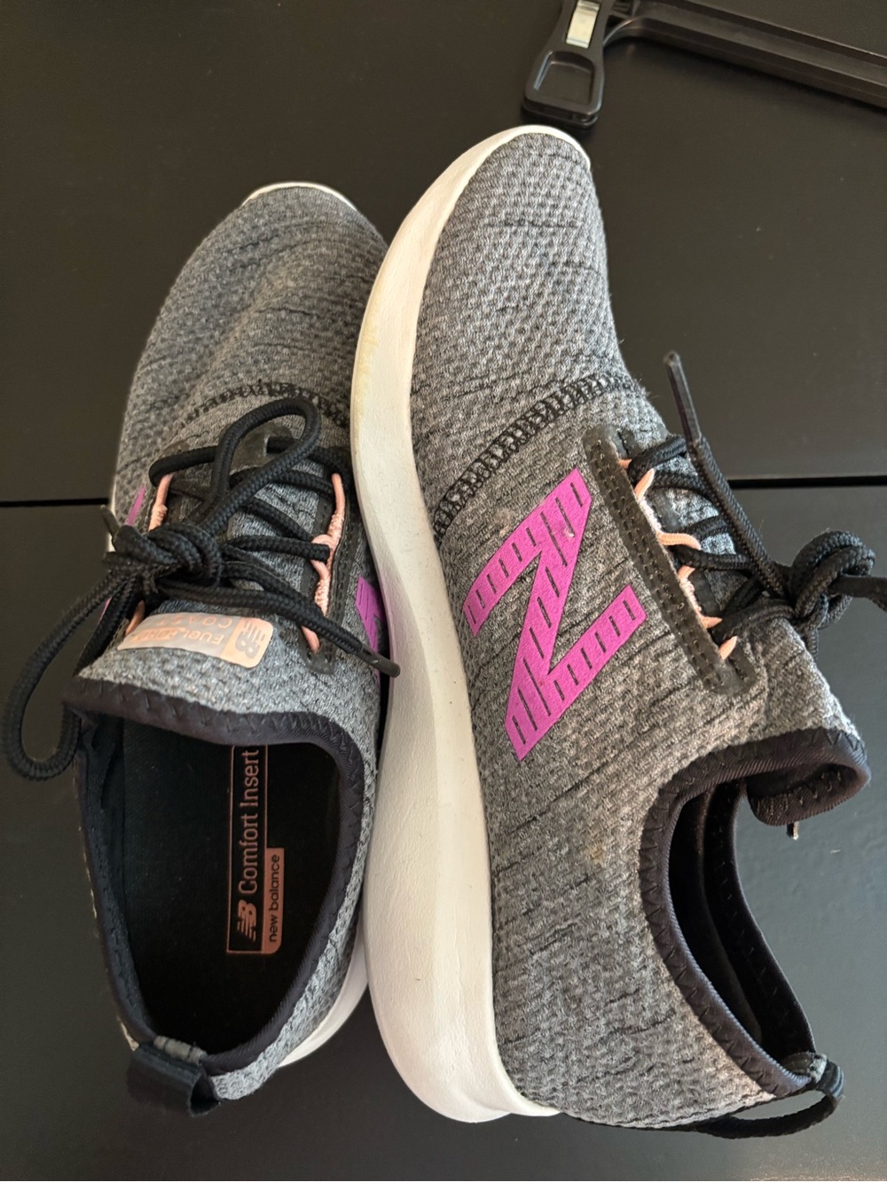 New Balance Women's Gray Knit Athletic Sneakers Tie -Slip On with Hot Pink Logo